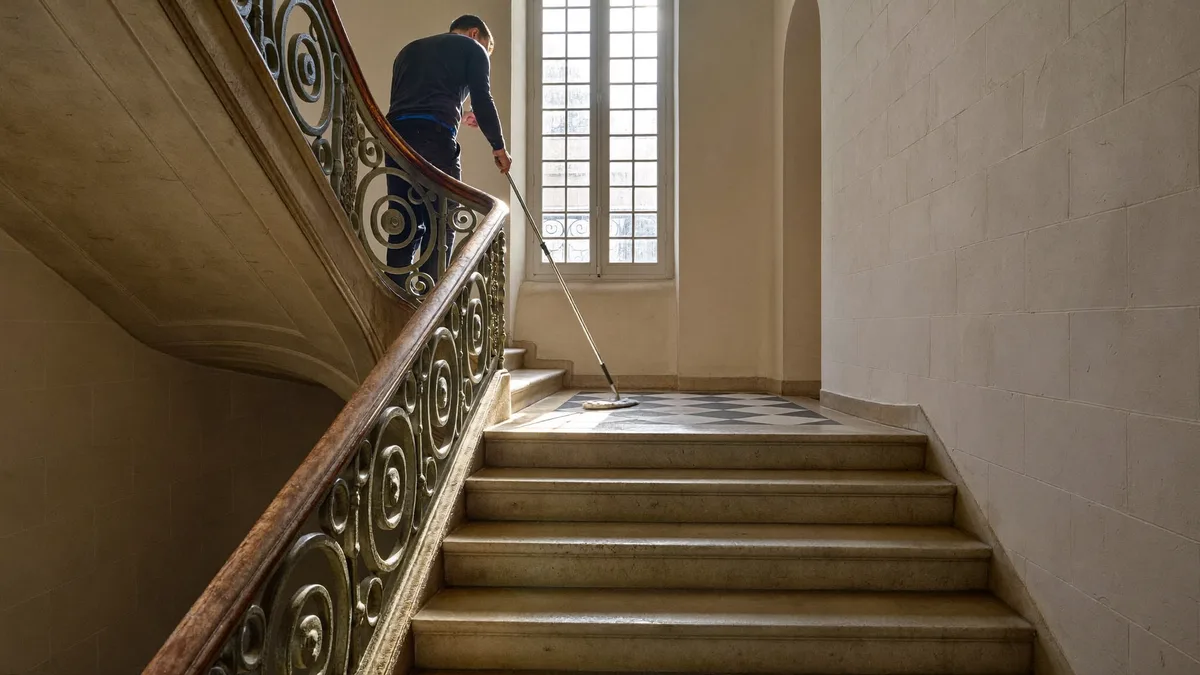 Reinigung eines Altbau-Treppenhauses (Symbolbild, KI-generiert)