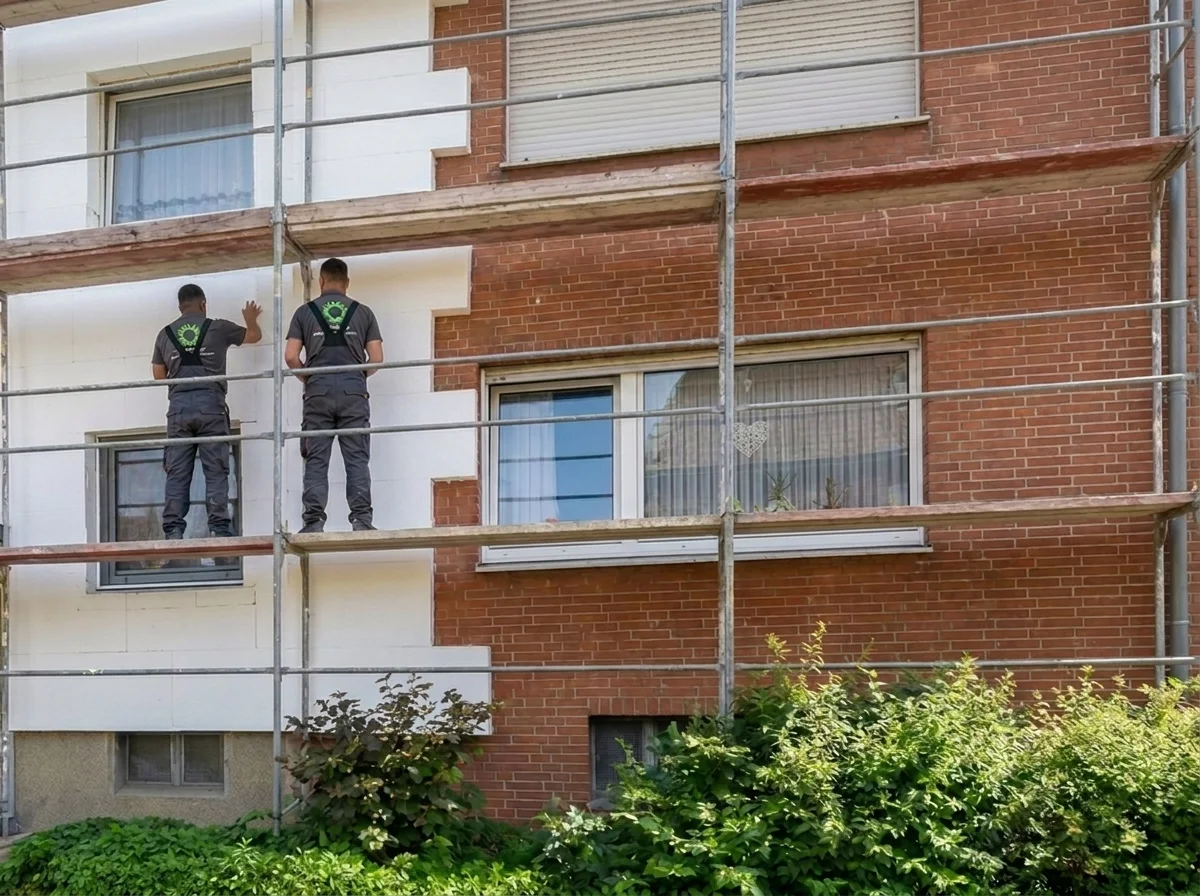 Fassadendämmung auf dem Gerüst (Symbolbild, KI-generiert)