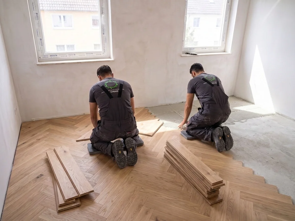 Verlegen von Fischgrätparkett in einer Wohnung (Symbolbild, KI-generiert)