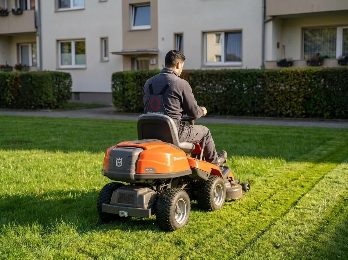 Rasenmähen vor einem Mehrfamilienhaus (Symbolbild, KI-generiert)