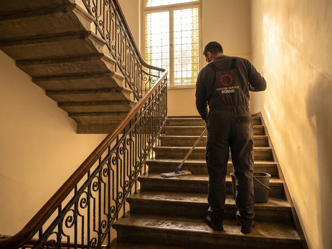 Treppenhausreinigung in einem Altbau (Symbolbild, KI-generiert)