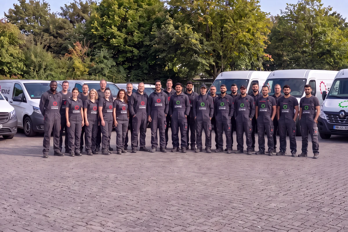 Das Team von Sonne in anthrazitgrauer Arbeitskleidung